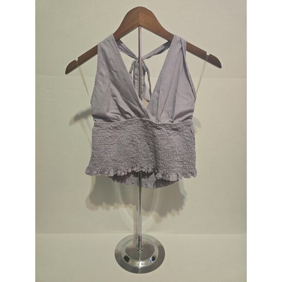American Eagle Women's Purple Smocked Halter Top Size L Sleeveless Ruffle Hem... - Picture 1 of 4